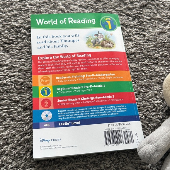 Disney Thumper Gray and Cream Plush Toy and Book with CD - Picture 4 of 5